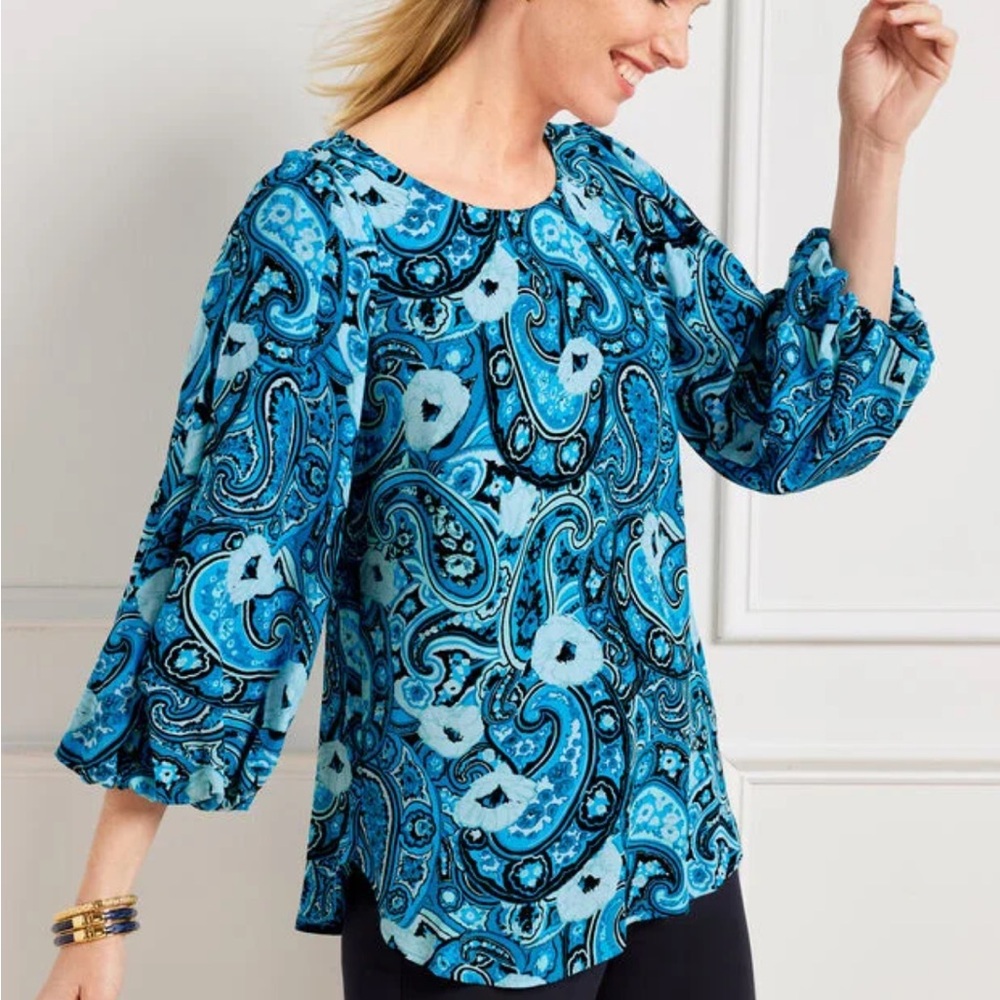 Talbots Blue Paisley Floral Women's Top Blouse 3/4 Balloon Sleeves XL